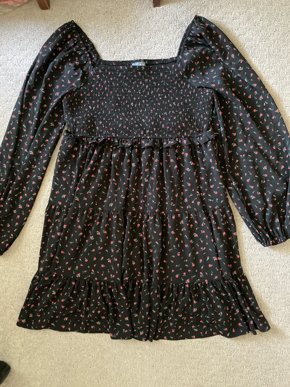 ARULA Mia black floral smocked babydoll dress, 1X